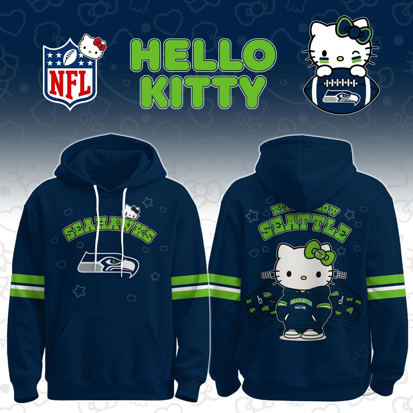 Hello Kitty Seattle Seahawks NFL Football Team Logo Hoodie