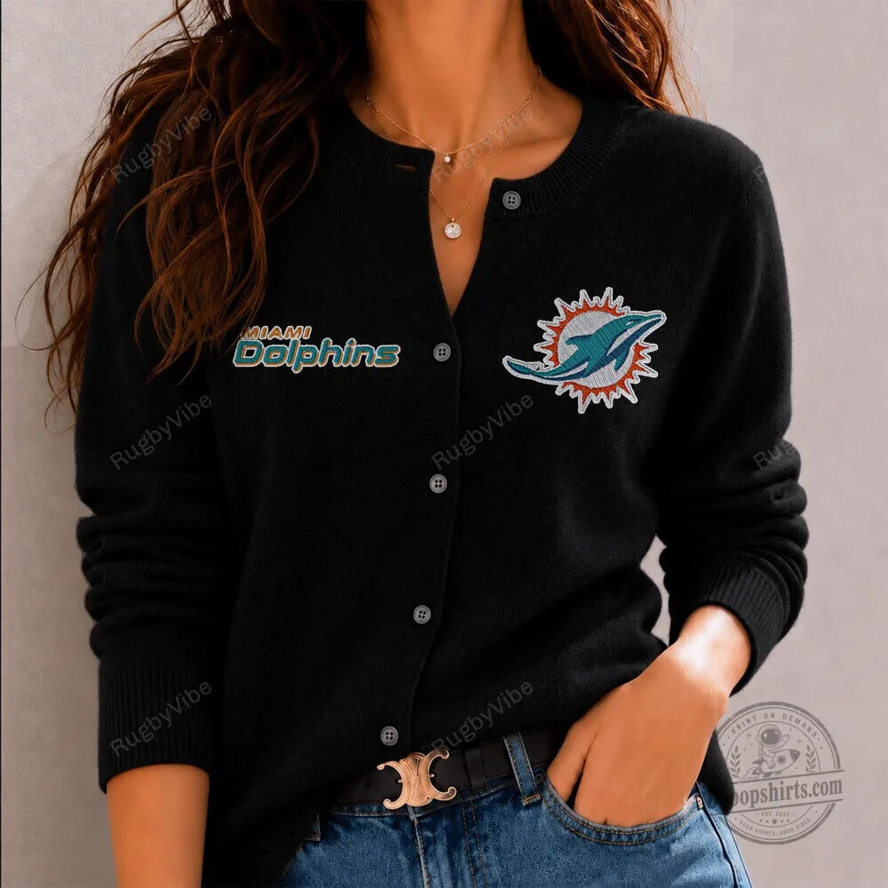 Miami Dolphins Embroidered Logo Black Button-Up Cardigan Sweater