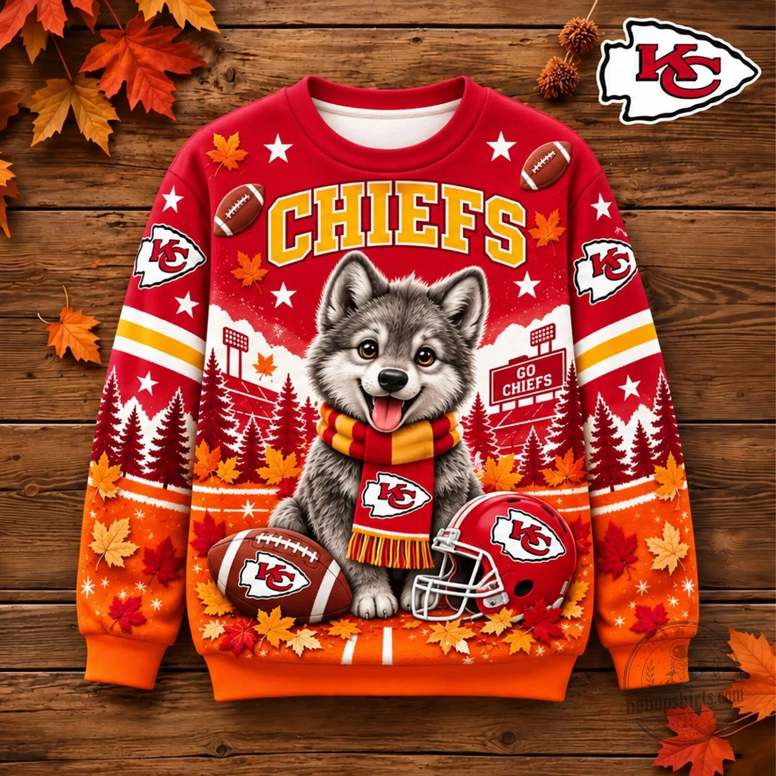 Kansas City Chiefs Football Team Cute Wolf Autumn Leaves Crewneck Sweatshirt