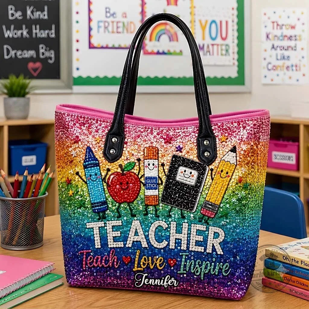 Personalized Teacher Love Inspire Rainbow Glitter Tote Bag 4 Personalized Teacher Love Inspire Rainbow Glitter Tote Bag