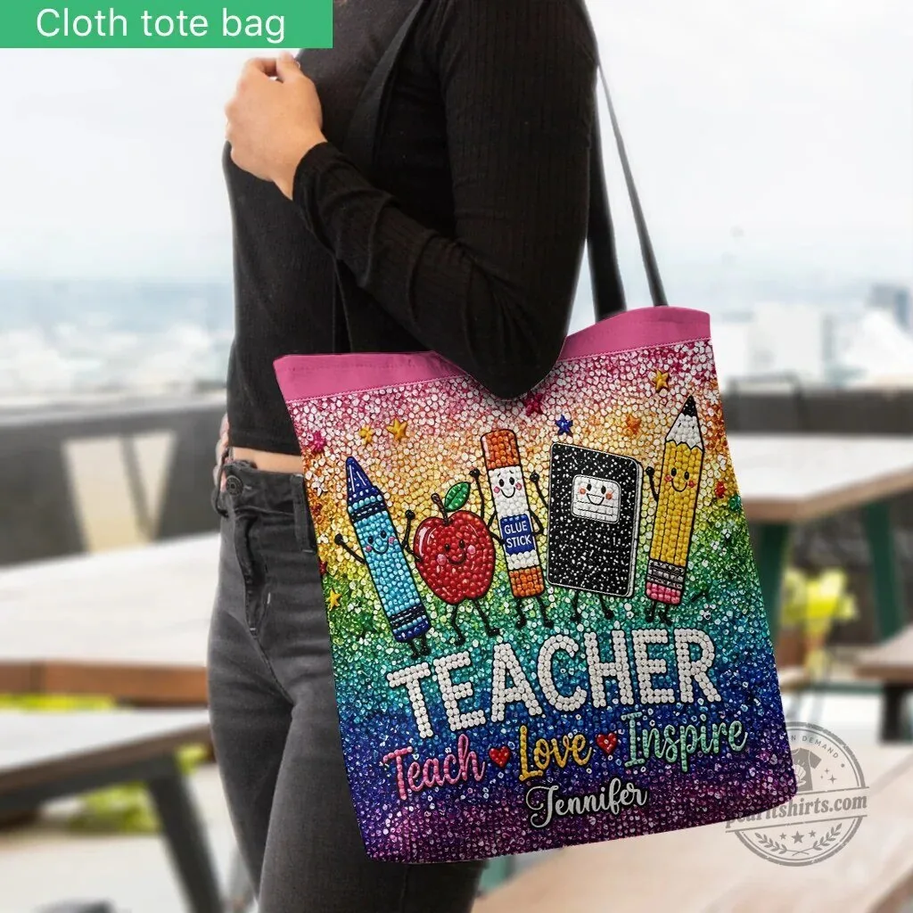 Personalized Teacher Love Inspire Rainbow Glitter Tote Bag 5 Personalized Teacher Love Inspire Rainbow Glitter Tote Bag