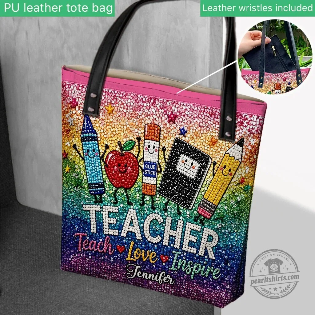 Personalized Teacher Love Inspire Rainbow Glitter Tote Bag 6 Personalized Teacher Love Inspire Rainbow Glitter Tote Bag
