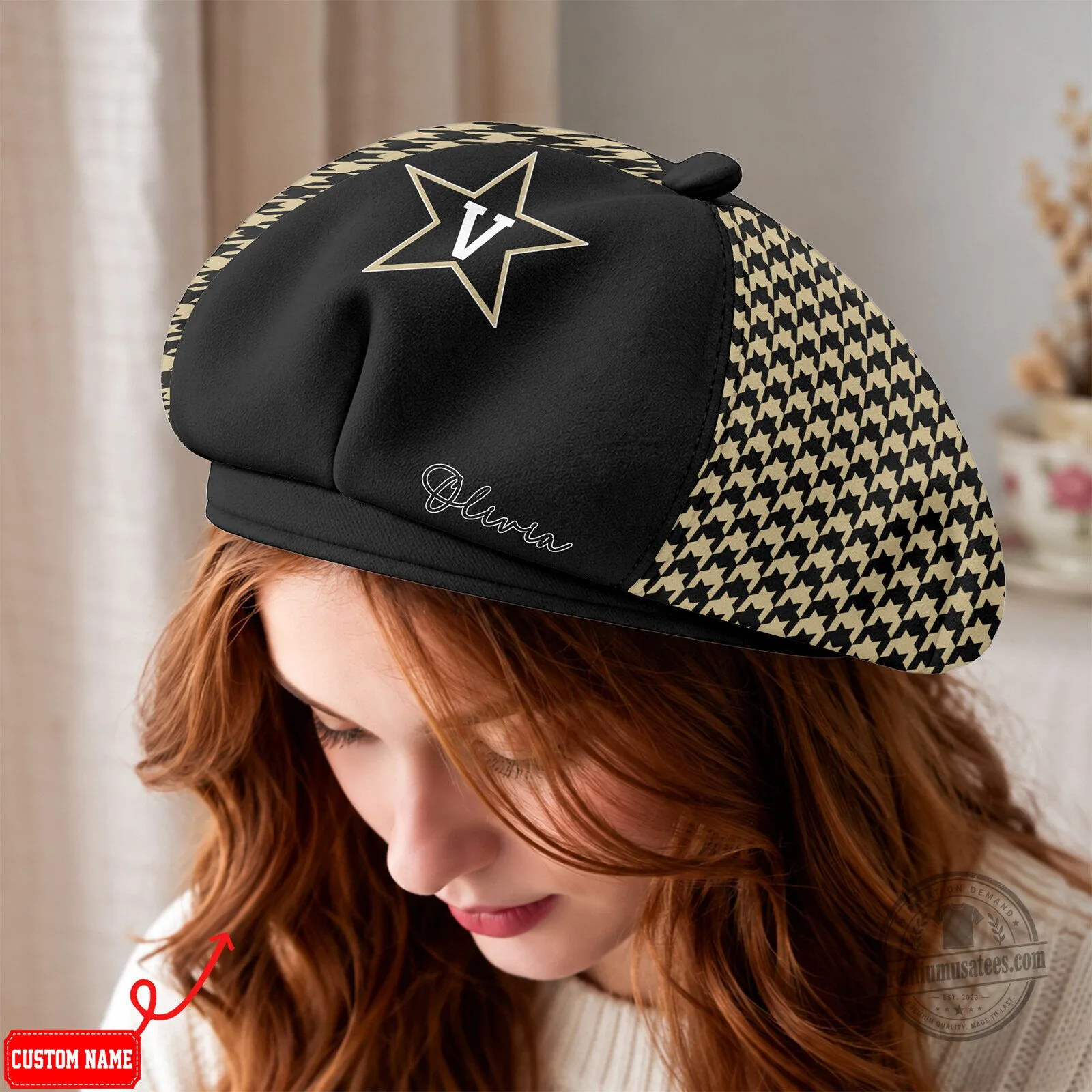Vanderbilt Commodores Houndstooth Pattern Custom Name Beret Hat 4 Vanderbilt Commodores Houndstooth Pattern Custom Name Beret Hat