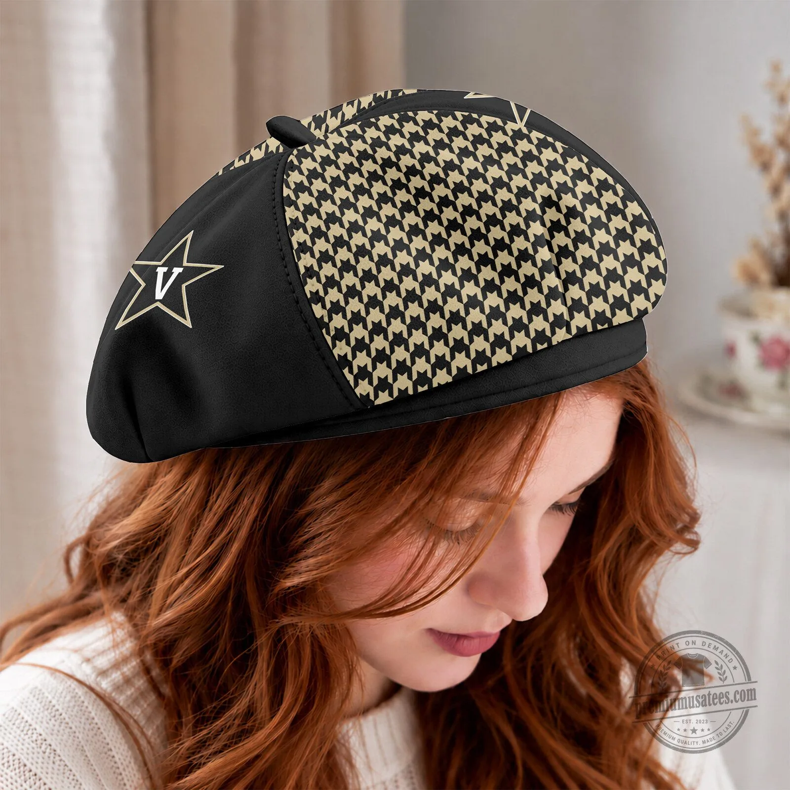 Vanderbilt Commodores Houndstooth Pattern Custom Name Beret Hat 5 Vanderbilt Commodores Houndstooth Pattern Custom Name Beret Hat