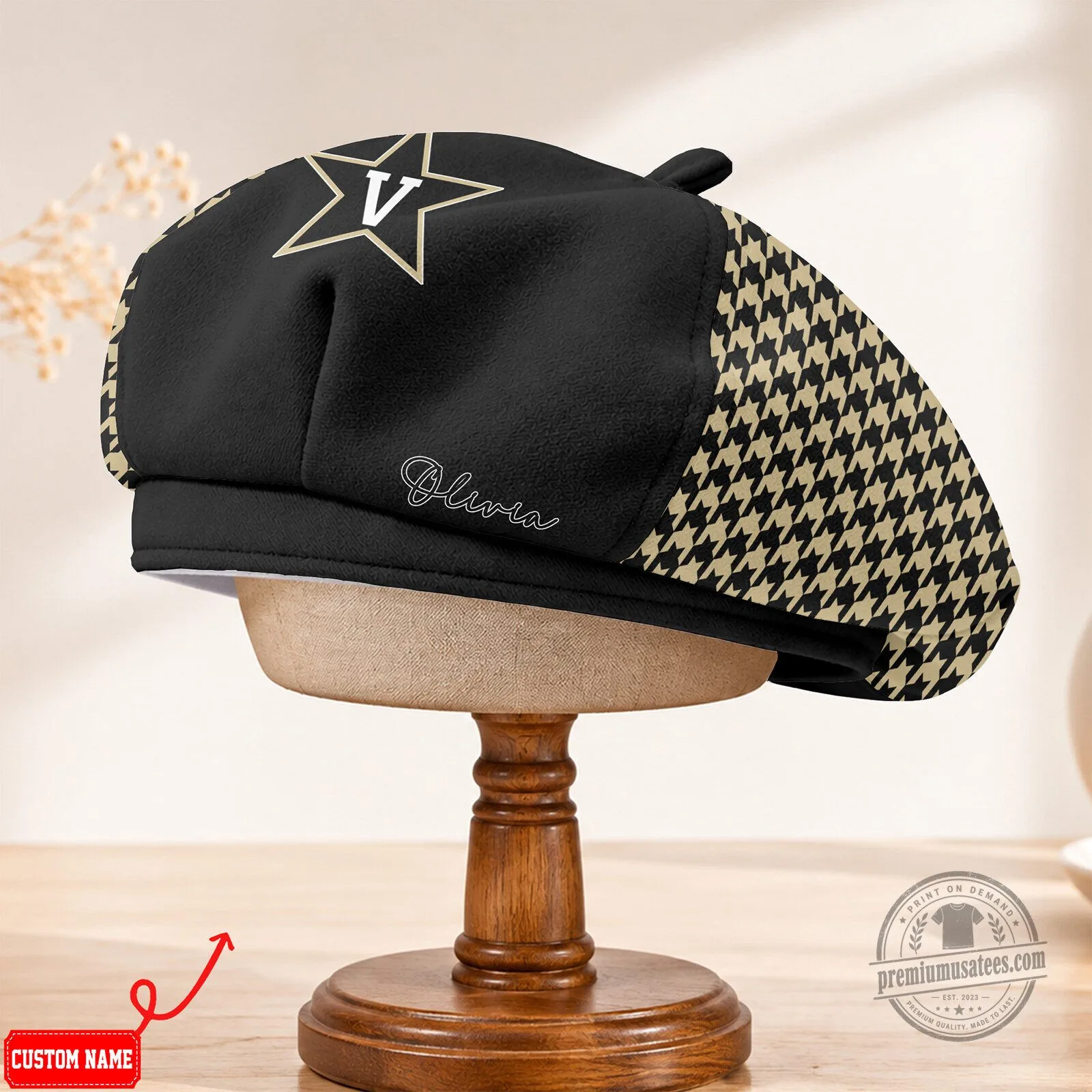 Vanderbilt Commodores Houndstooth Pattern Custom Name Beret Hat 7 Vanderbilt Commodores Houndstooth Pattern Custom Name Beret Hat