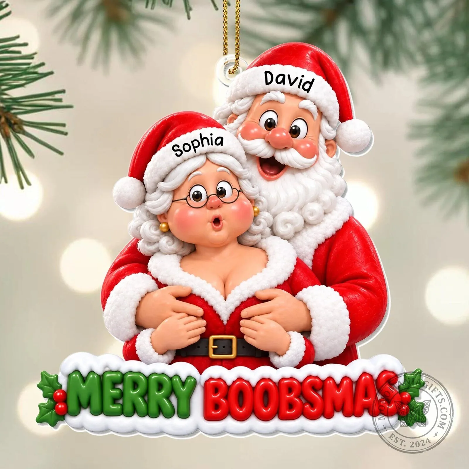 Personalized Merry Boobsmas Santa and Mrs. Claus Christmas Tree Ornament