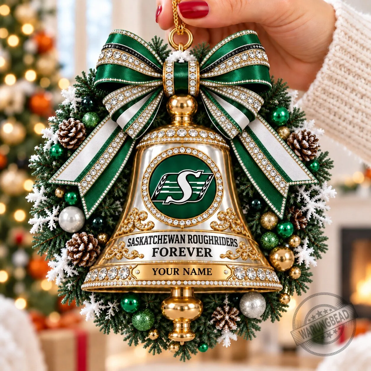 Saskatchewan Roughriders CFL Christmas Bell Ornament Personalized