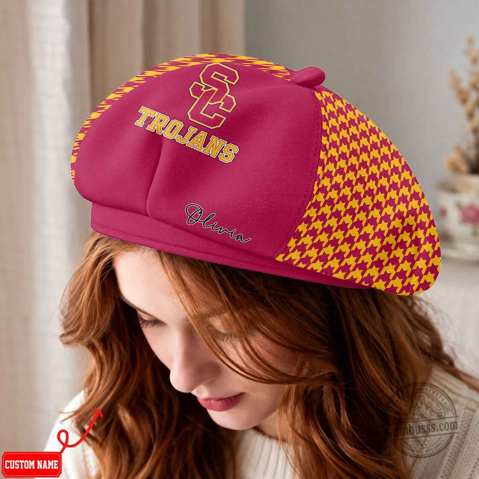 USC Trojans Custom Name Houndstooth Pattern Beret Hat 4 USC Trojans Custom Name Houndstooth Pattern Beret Hat