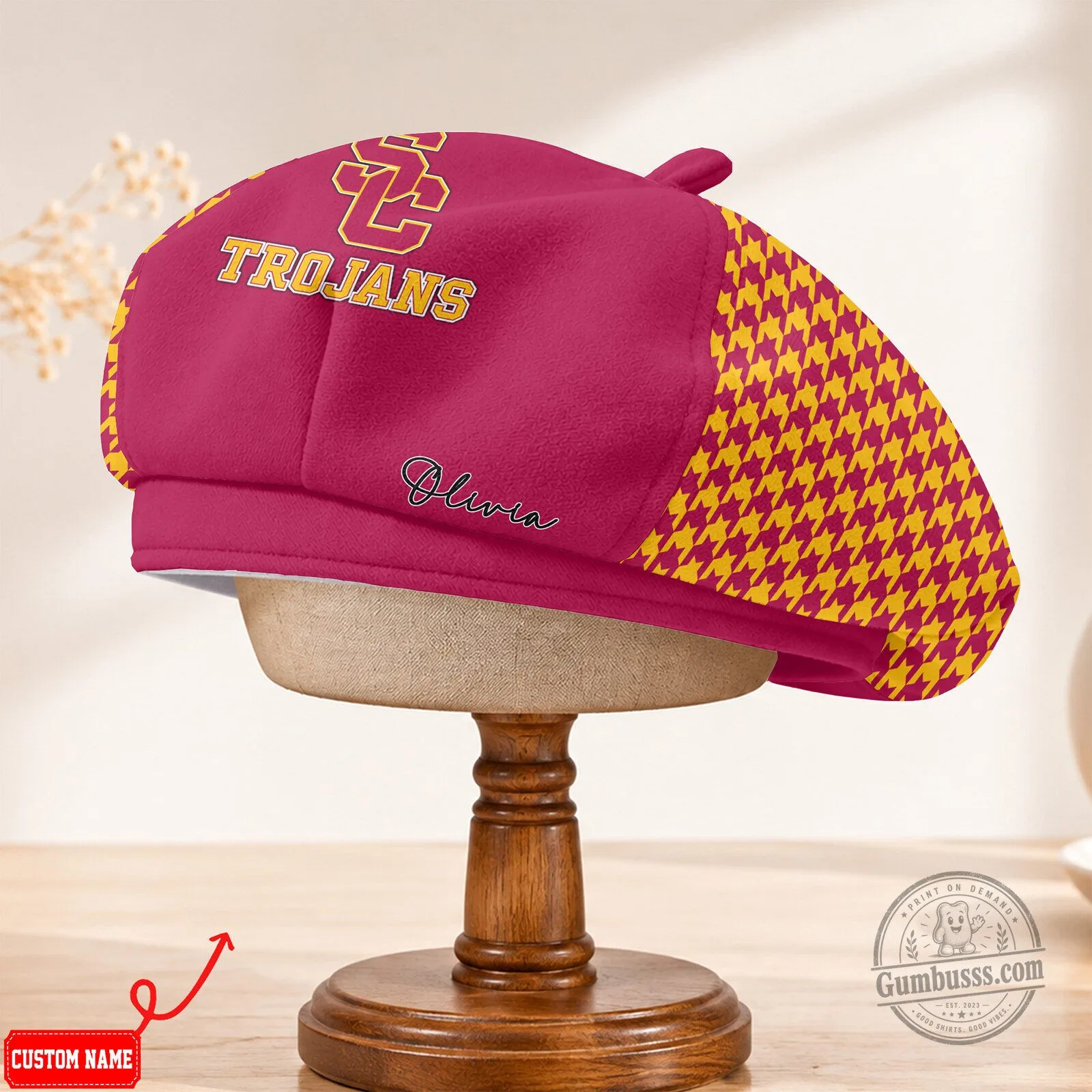 USC Trojans Custom Name Houndstooth Pattern Beret Hat 7 USC Trojans Custom Name Houndstooth Pattern Beret Hat