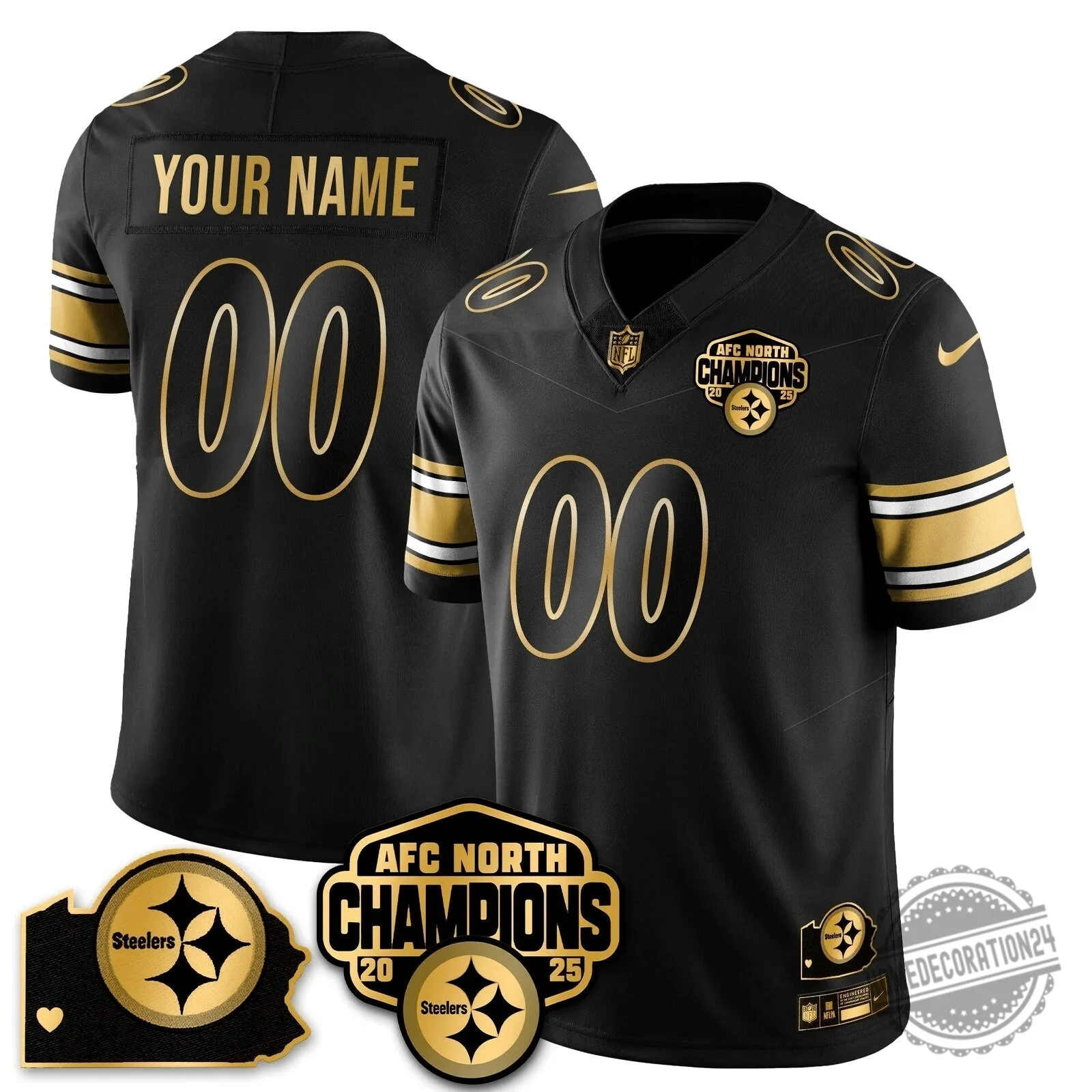 AFC North Champions Pittsburgh Steelers Black Gold Striped Football Jersey 12 AFC North Champions Pittsburgh Steelers Black Gold Striped Football Jersey