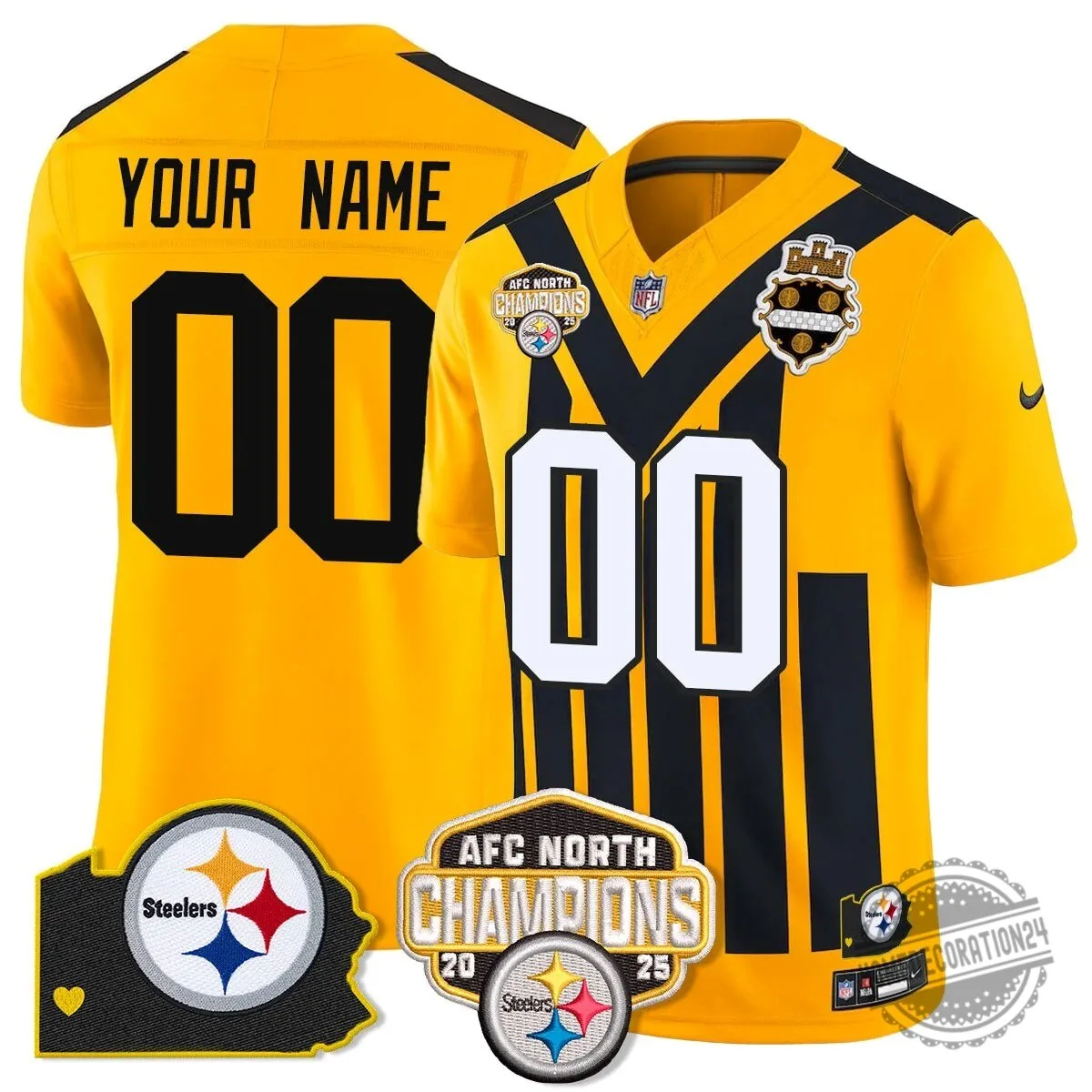 AFC North Champions Pittsburgh Steelers Black Gold Striped Football Jersey 14 AFC North Champions Pittsburgh Steelers Black Gold Striped Football Jersey