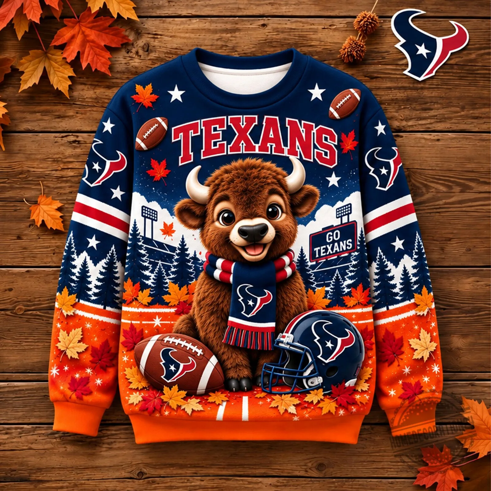 Houston Texans Football Team Mascot Bison Autumn Leaves Ugly Christmas Sweater