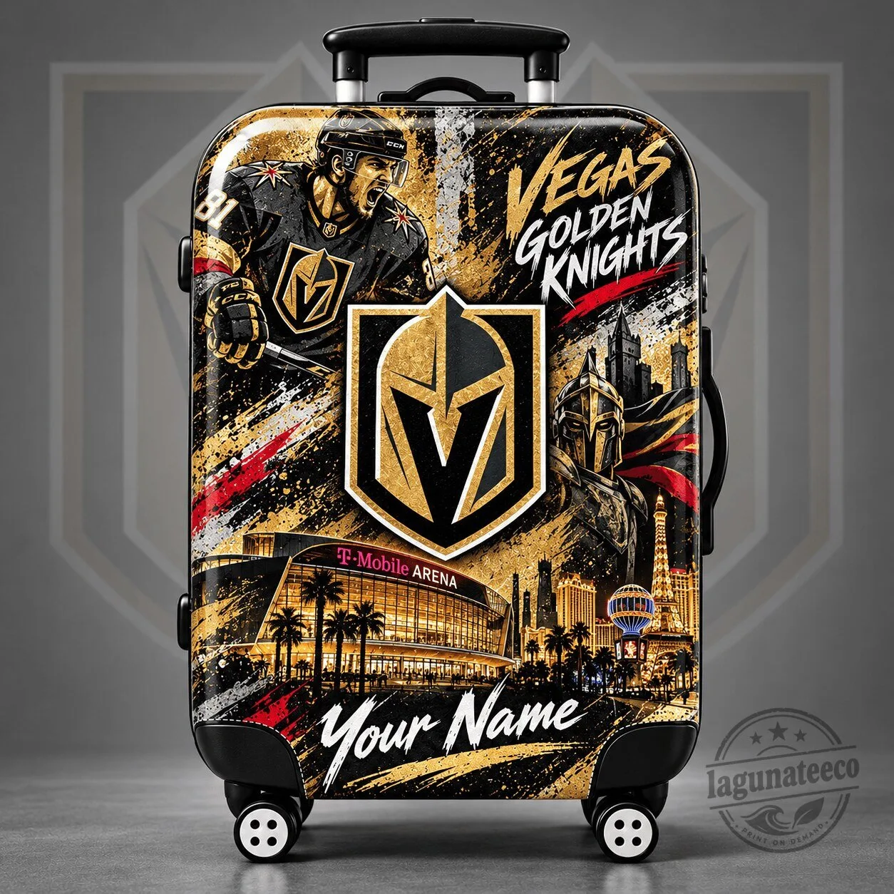 Vegas Golden Knights Personalized Hockey Team Gold Black Travel Luggage Suitcase