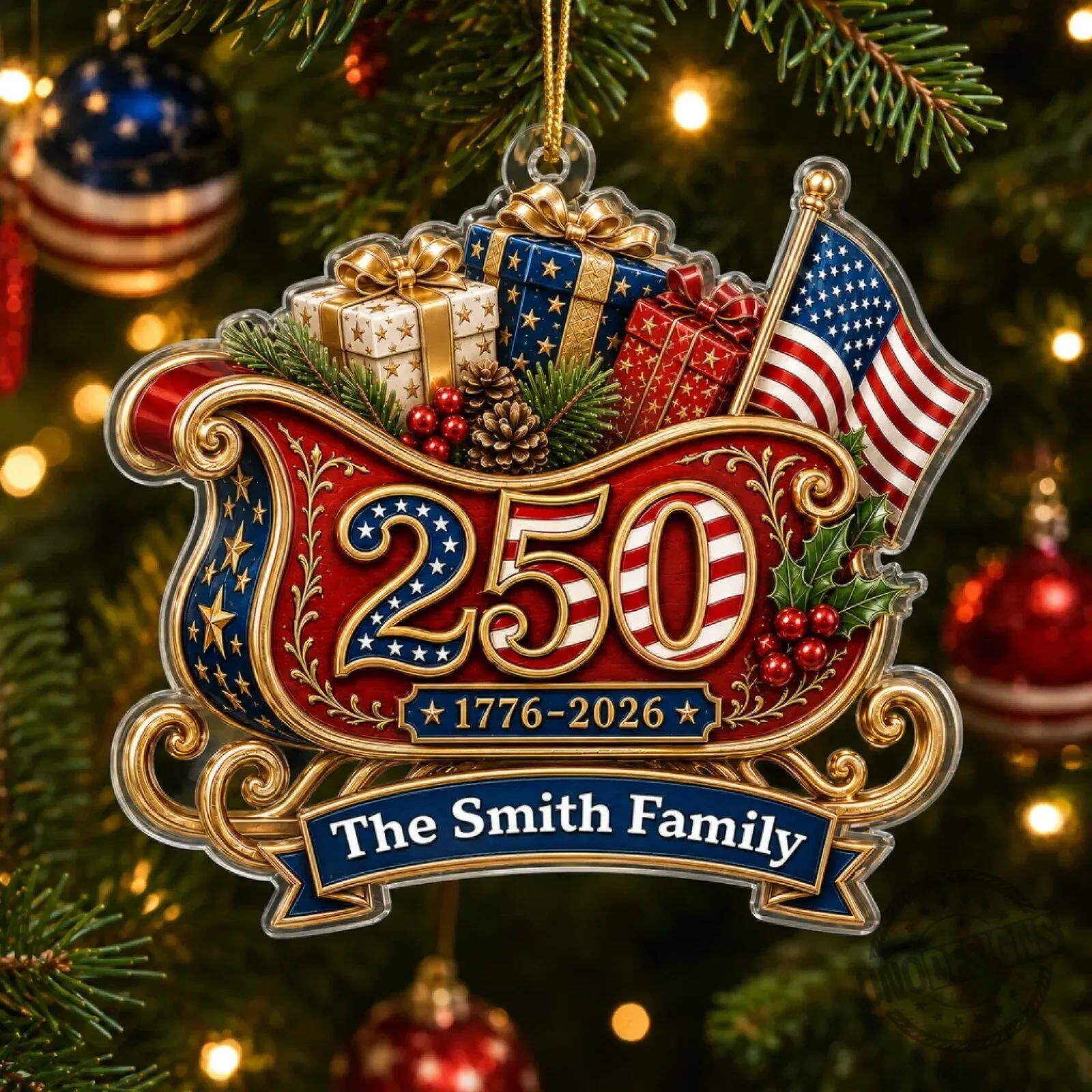 United States 250th Anniversary Christmas Sleigh Personalized Family Ornament