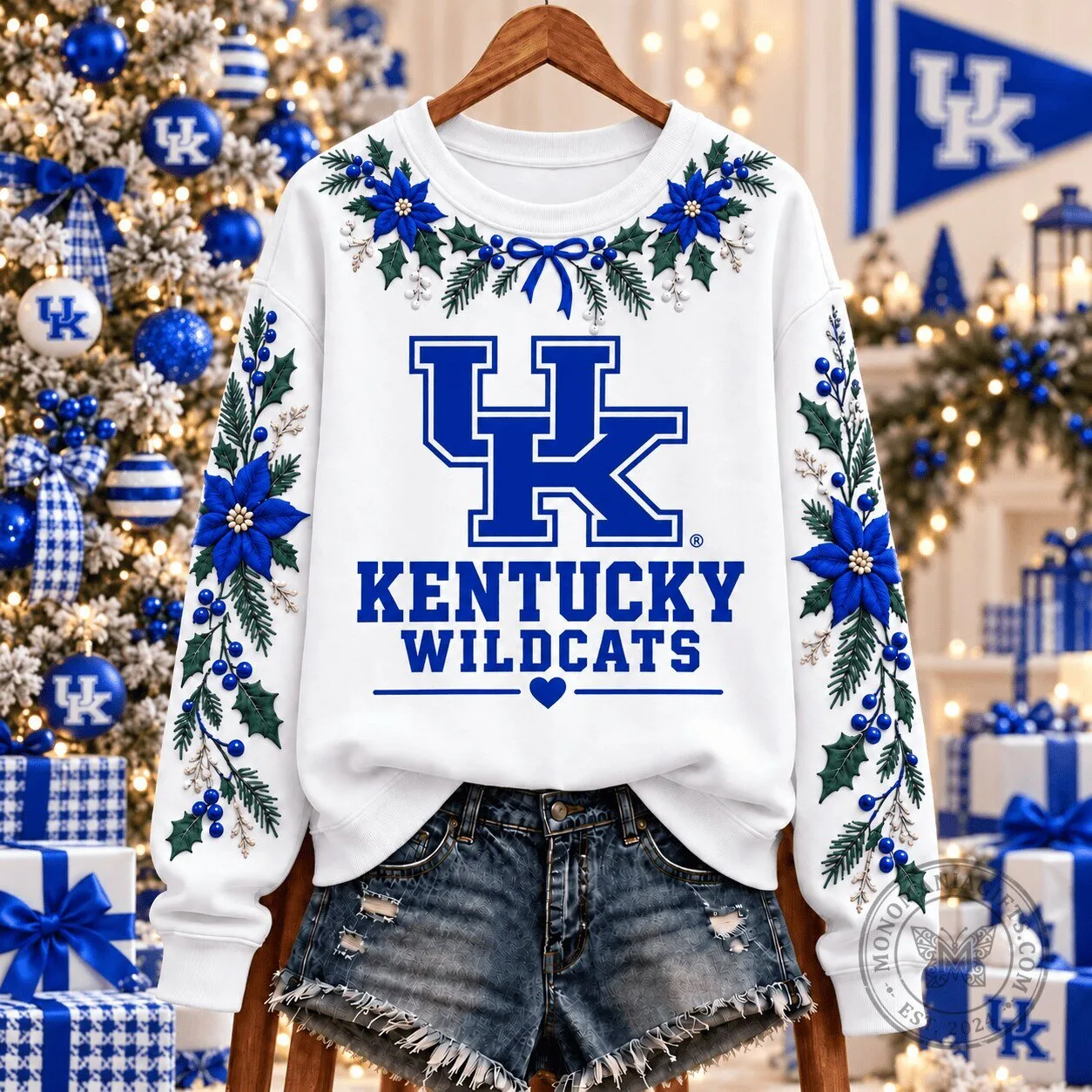 Kentucky Wildcats NCAA Christmas Floral Embroidered Team Spirit Sweatshirt
