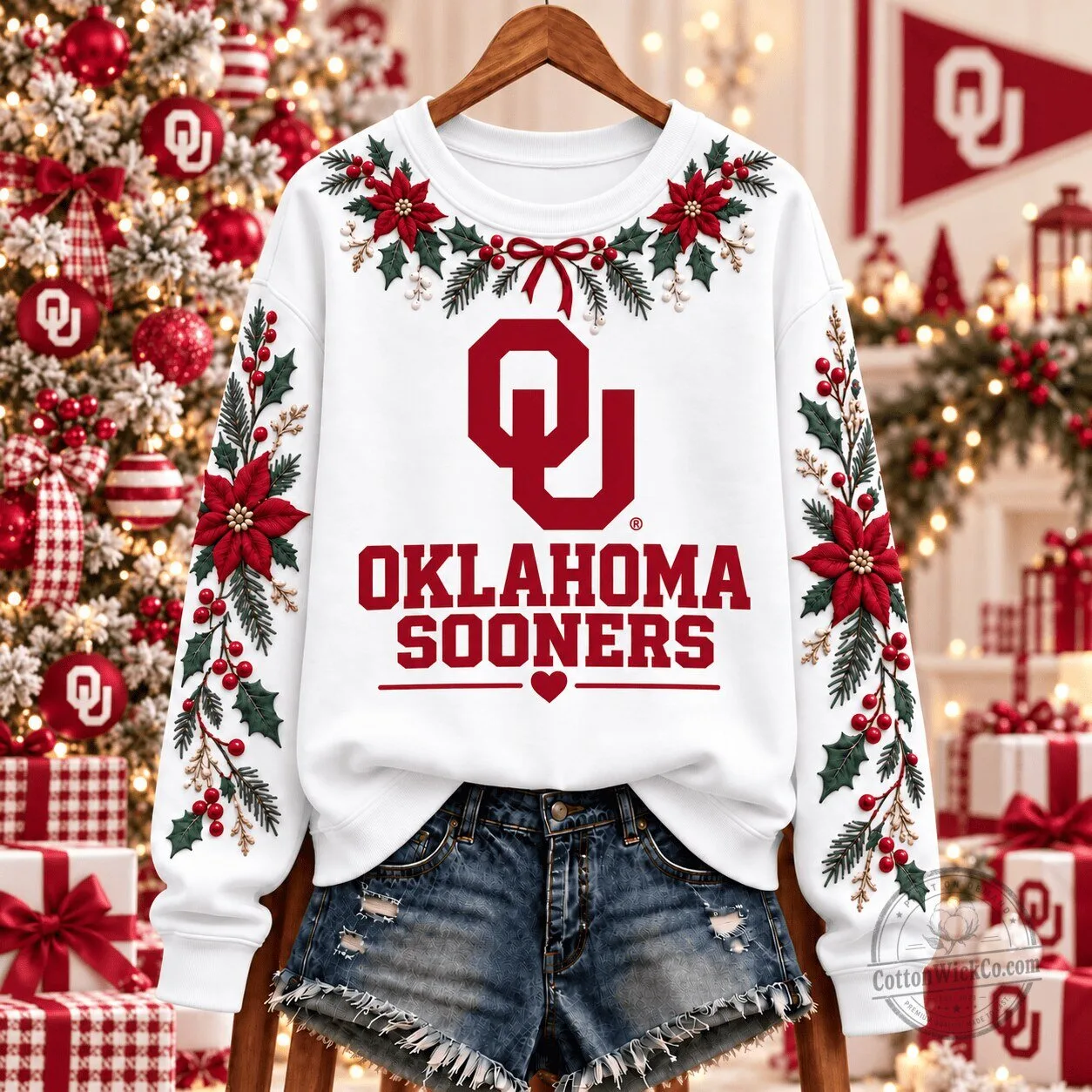 Oklahoma Sooners Christmas Floral Garland Sweatshirt 1 Oklahoma Sooners Christmas Floral Garland Sweatshirt