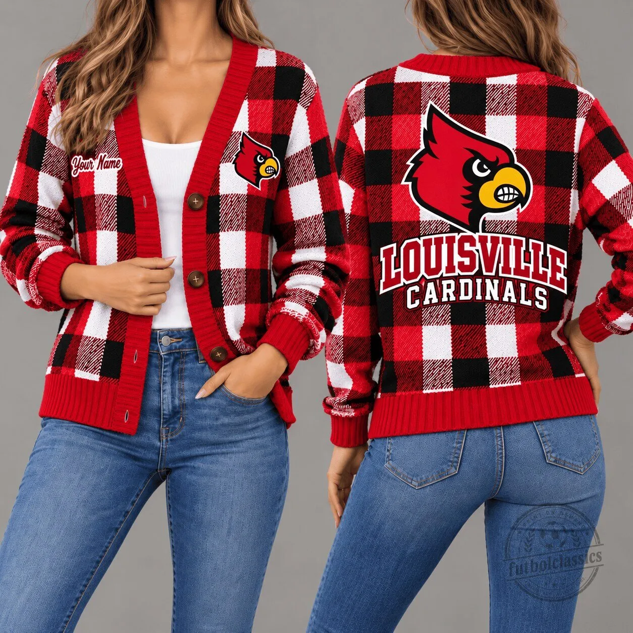 Louisville Cardinals Red Plaid Custom Name Cardigan Sweater