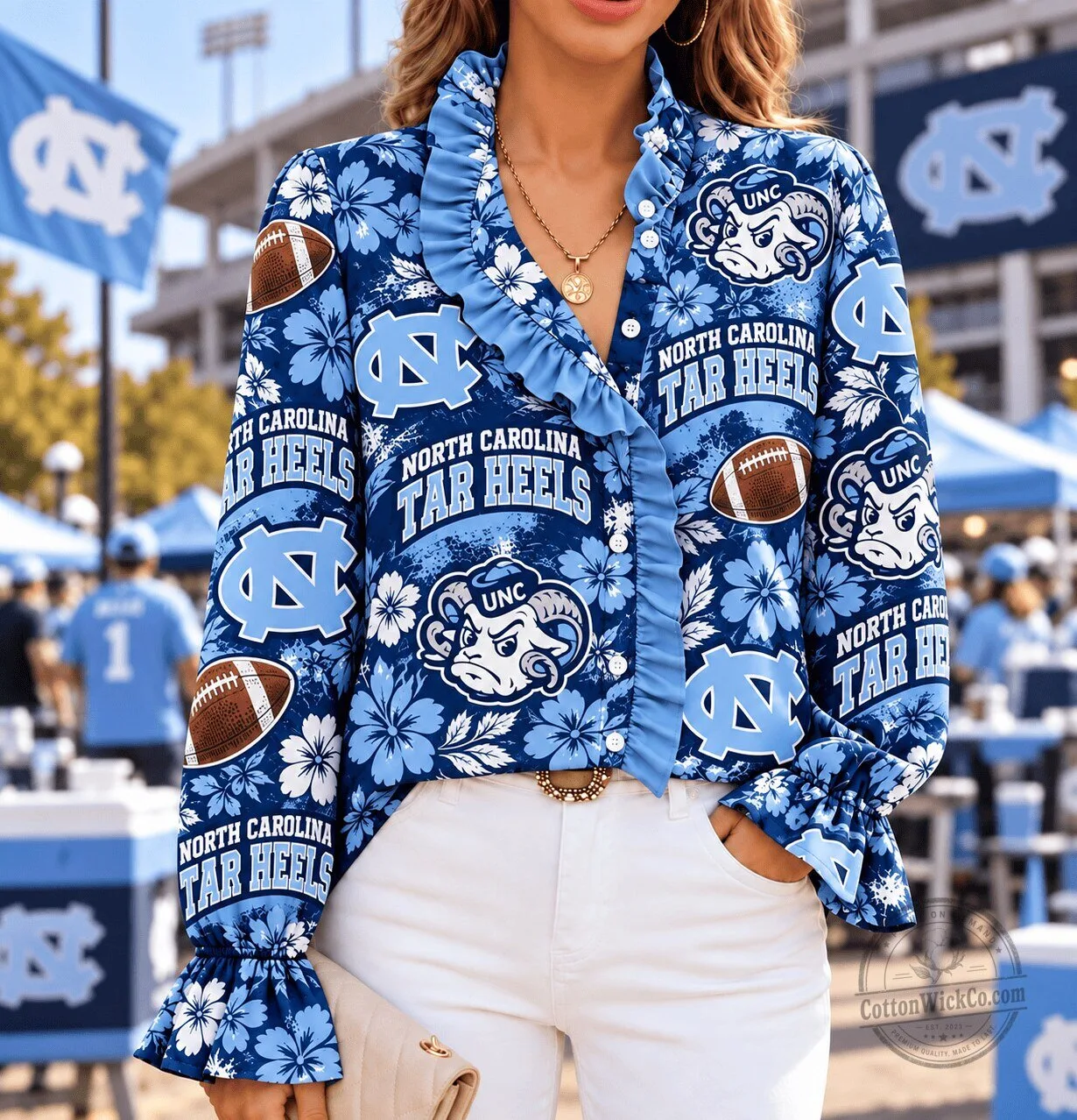 North Carolina Tar Heels Floral Ruffle Long Sleeve Blouse