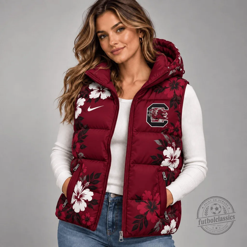 South Carolina Gamecocks Floral Hooded Puffer Vest South Carolina Gamecocks Floral Hooded Puffer Vest