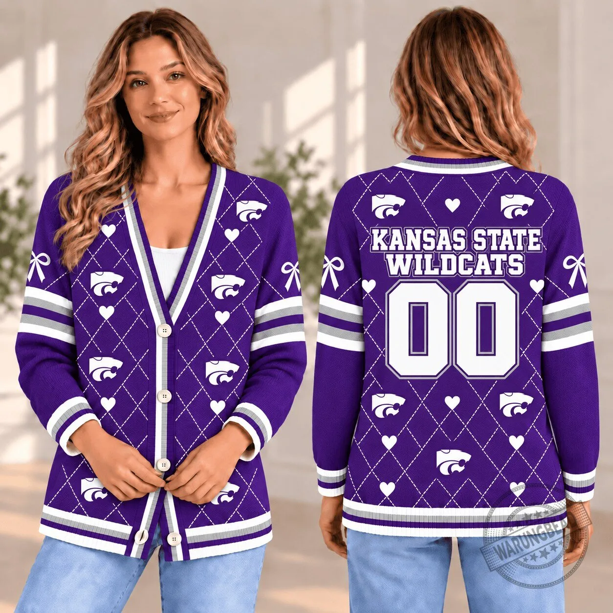 Kansas State Wildcats Personalized Argyle Pattern Purple Cardigan Sweater
