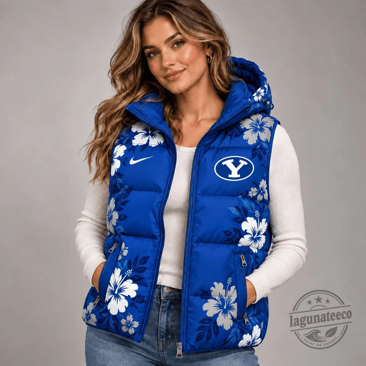 BYU Cougars NCAA Floral Pattern Blue Puffer Vest with Hood