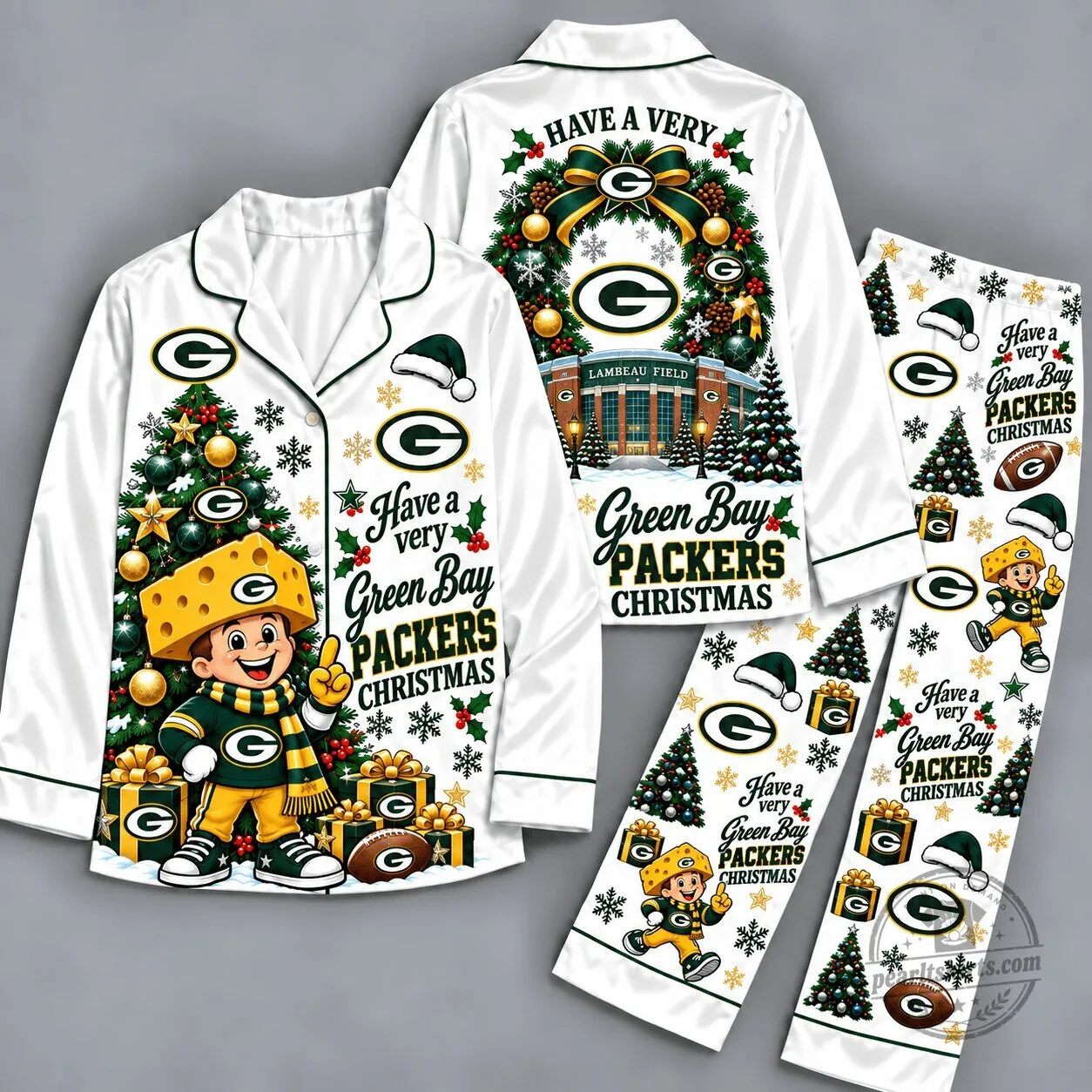 Green Bay Packers Christmas Pajamas Set with Lambeau Field and Mascot