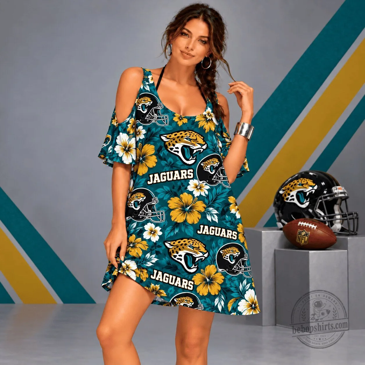 Jacksonville Jaguars NFL Floral Print Cold Shoulder Dress