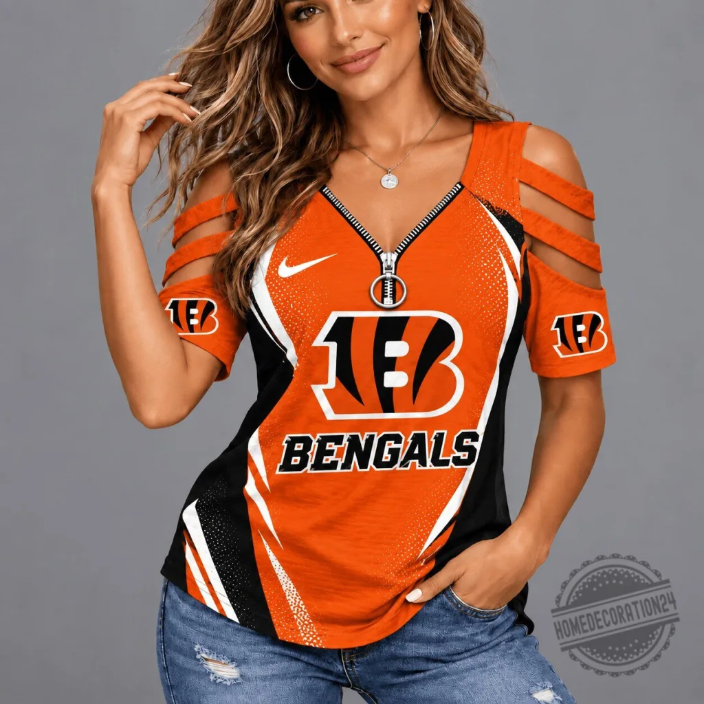 Cincinnati Bengals Women's Cold Shoulder V-Neck Zipper Short Sleeve T-Shirt 17 Cincinnati Bengals Women's Cold Shoulder V-Neck Zipper Short Sleeve T-Shirt