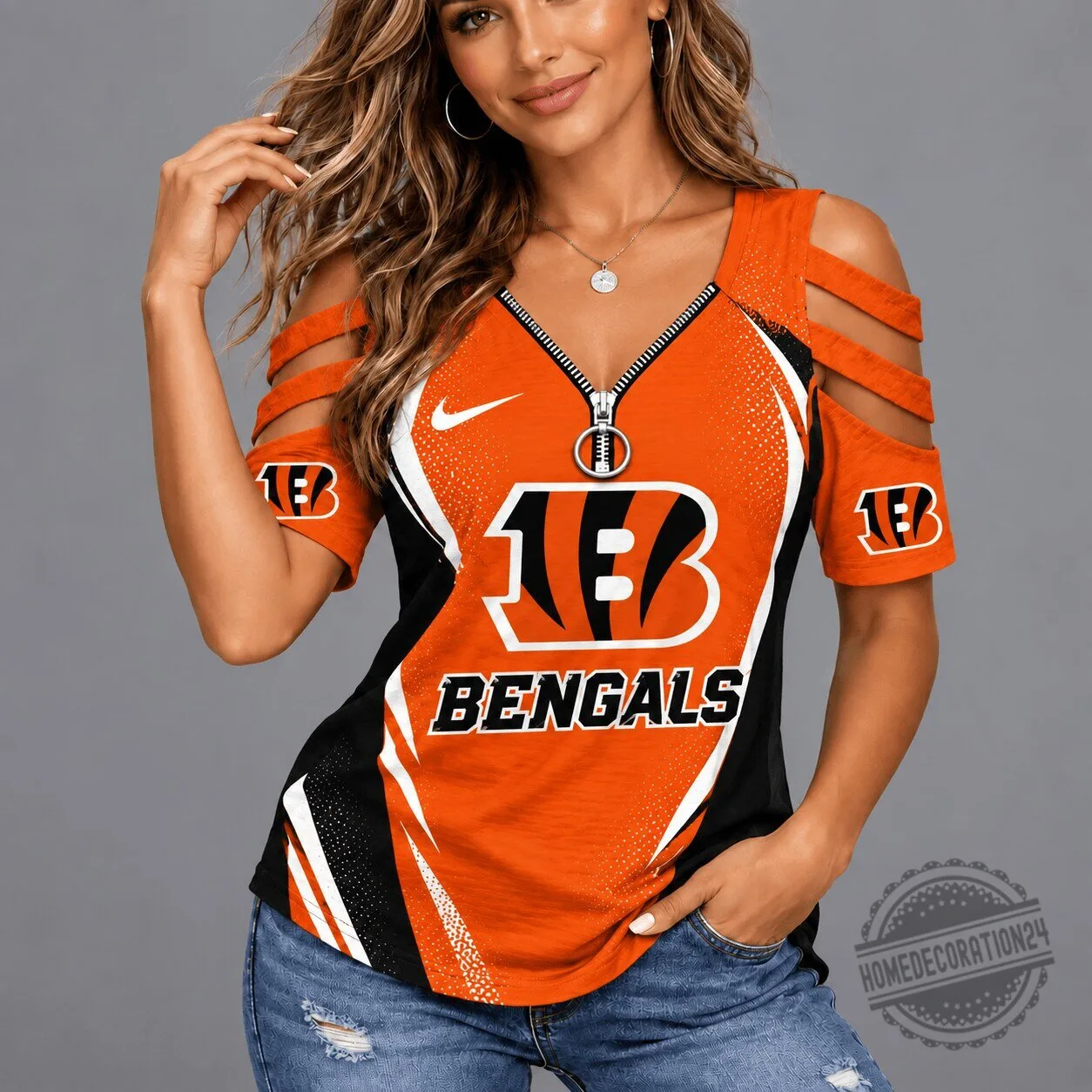 Cincinnati Bengals Women's Cold Shoulder V-Neck Zipper Short Sleeve T-Shirt