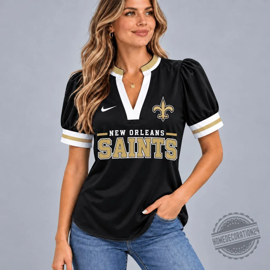 New Orleans Saints Women's Black Gold Puff Sleeve V-Neck Football T-Shirt New Orleans Saints Women's Black Gold Puff Sleeve V-Neck Football T-Shirt