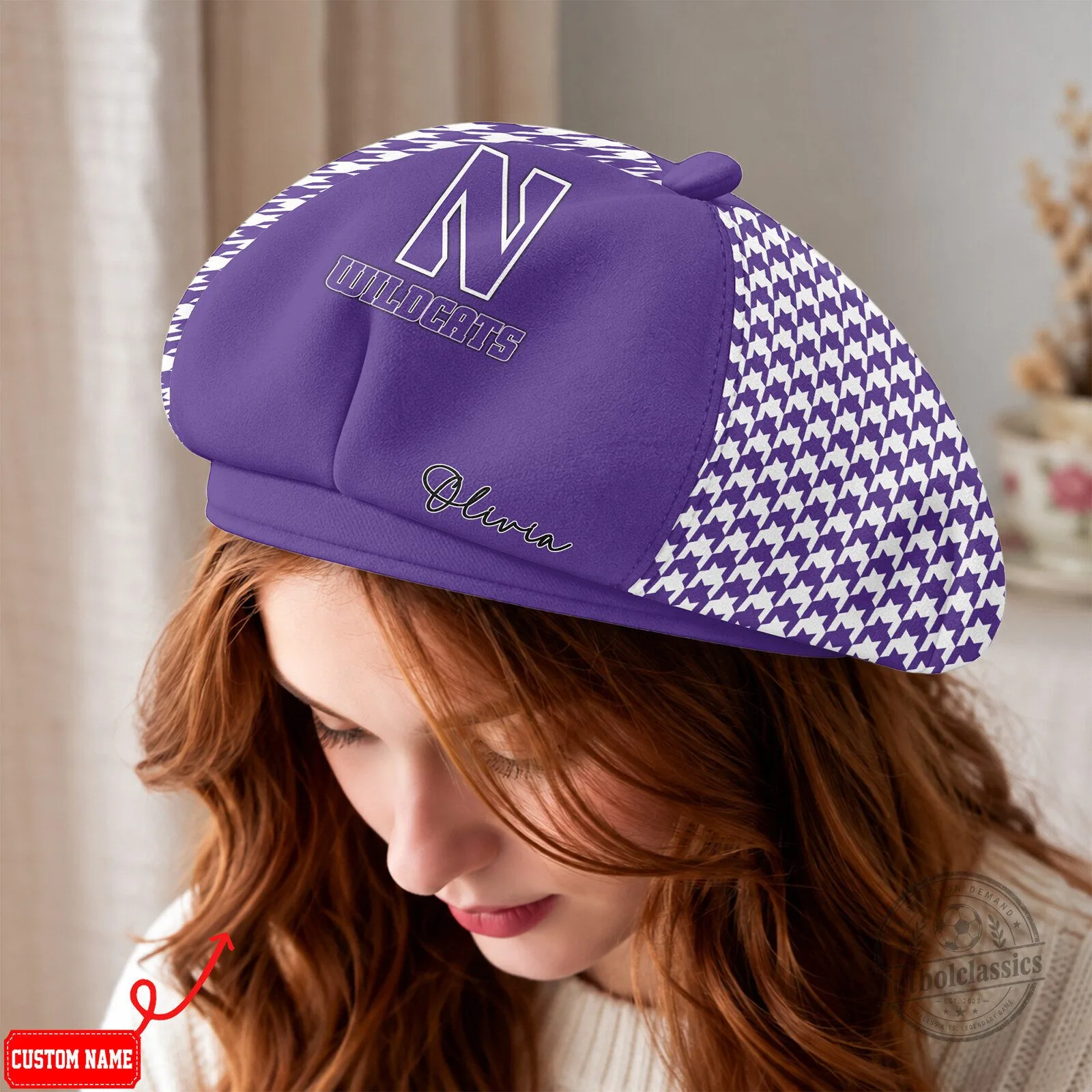 Northwestern Wildcats Purple Houndstooth Custom Name Beret Hat