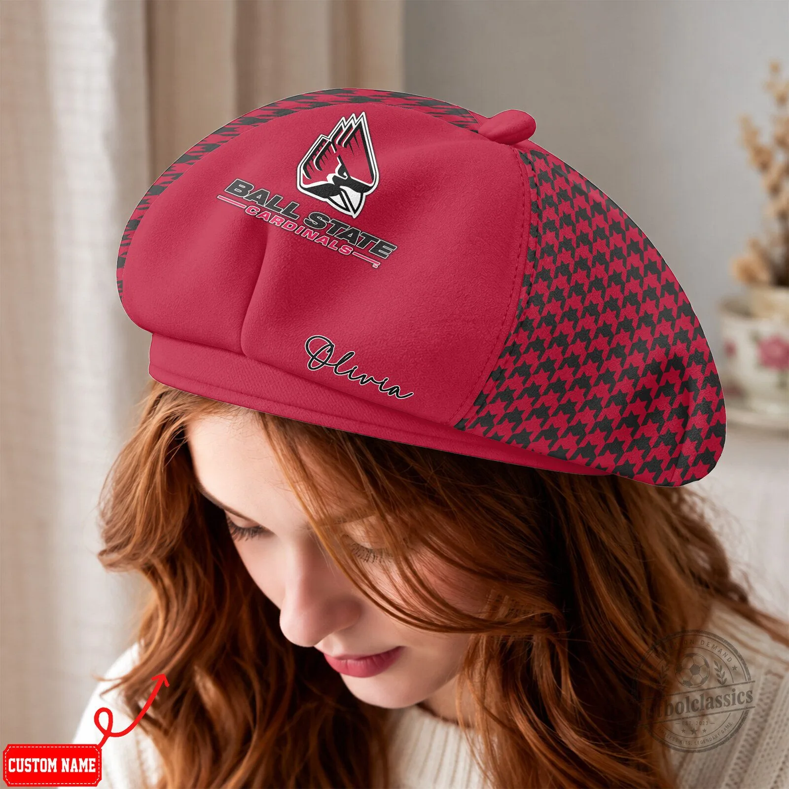 Ball State Cardinals NCAA Houndstooth Custom Name Beret Hat