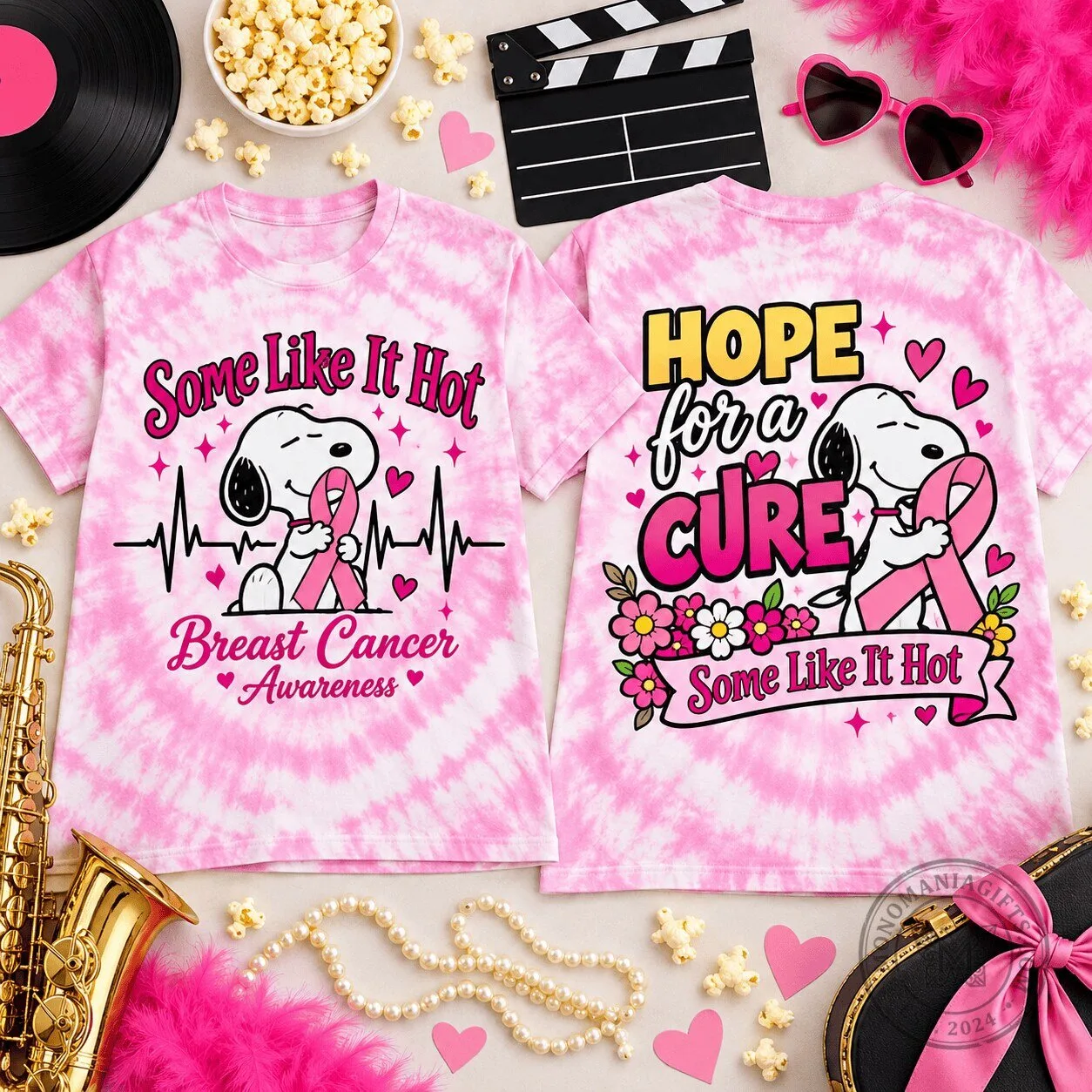 Tie-Dye T-Shirt Featuring Snoopy for Breast Cancer Awareness - Hope For A Cure