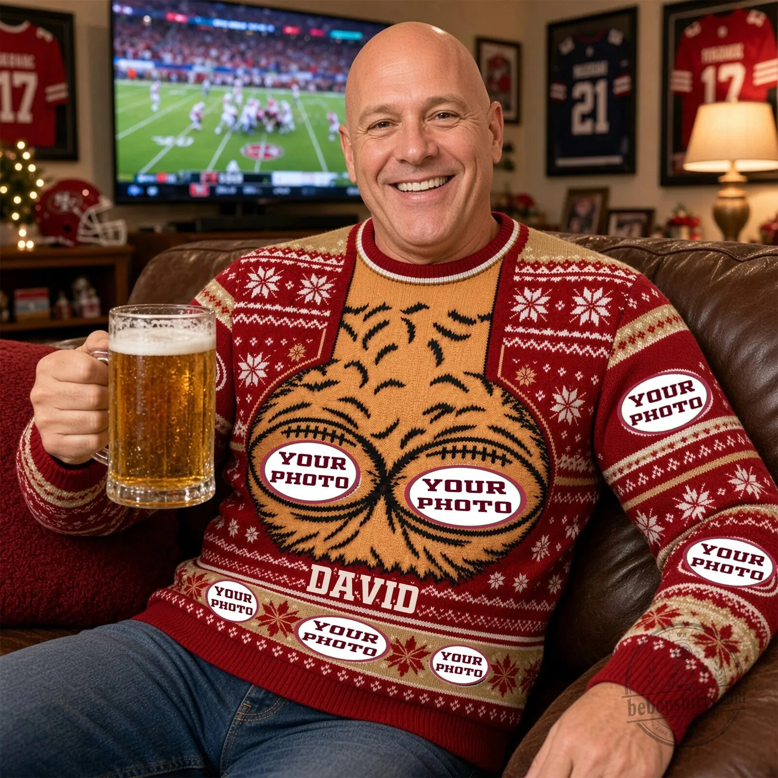 Personalized Hairy Chest Football Ugly Christmas Sweater