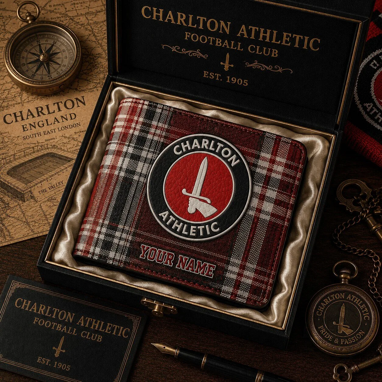 Charlton Athletic Football Club Plaid Wallet with Custom Name for Fans