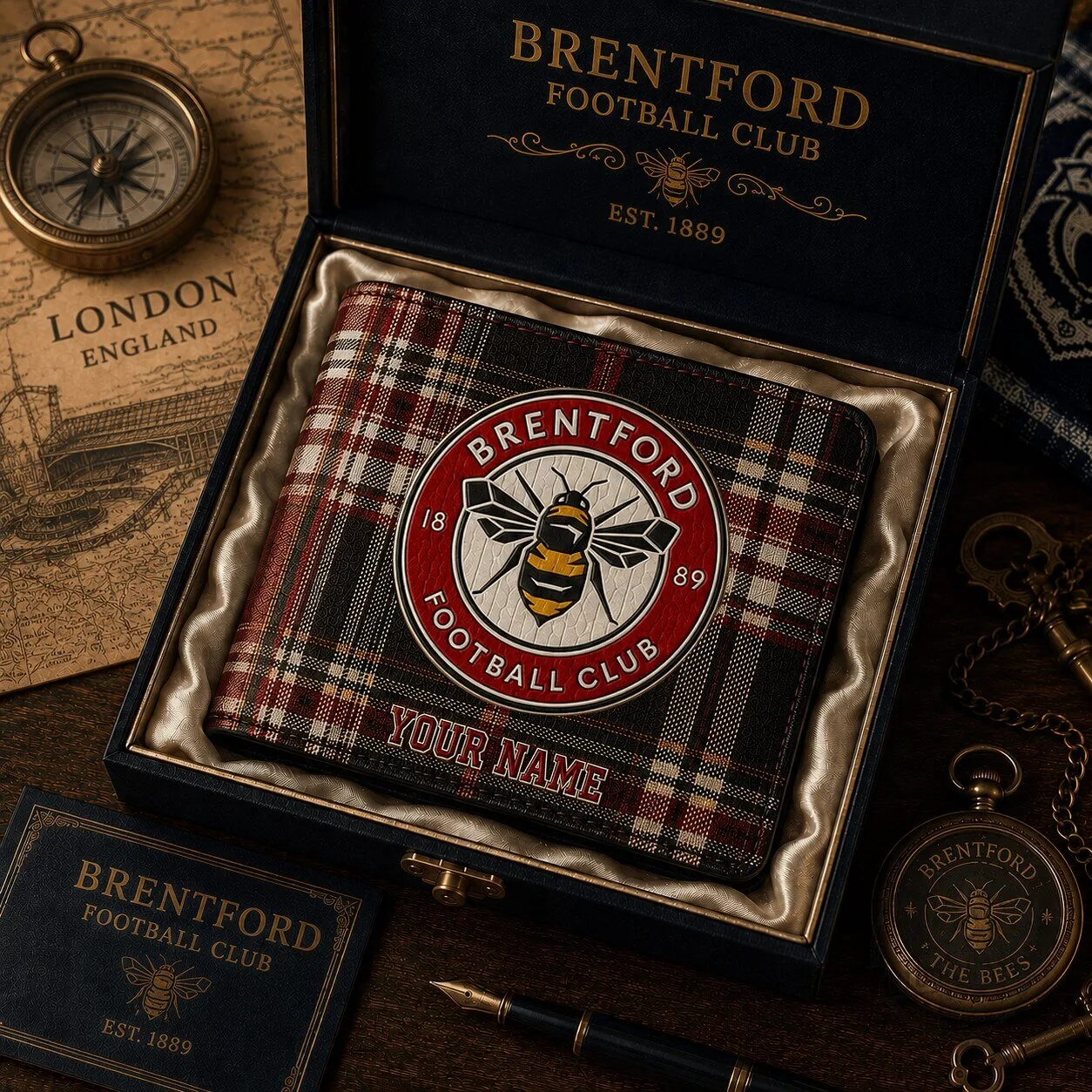 Brentford Football Club Plaid Bi-Fold Wallet with Custom Name