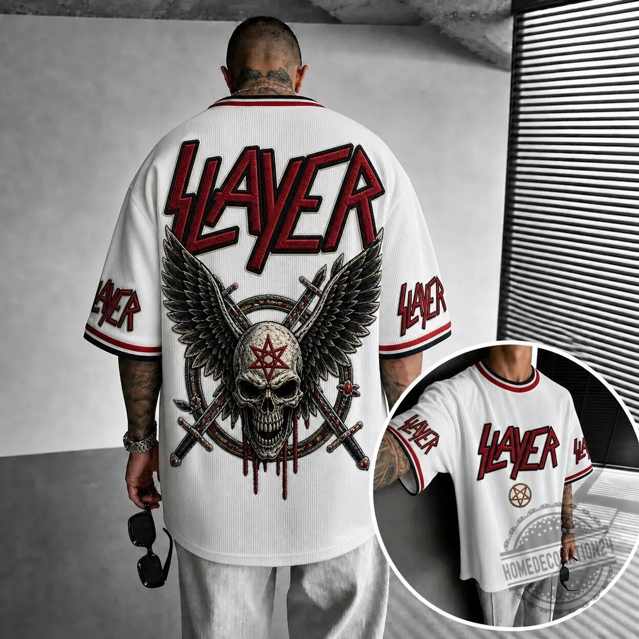 Slayer Band Heavy Metal Skull Wings Graphic White Baseball Jersey