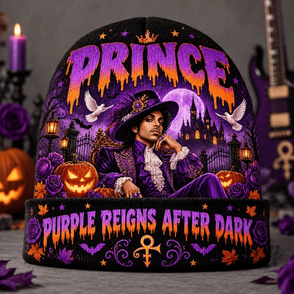 Prince Purple Reigns After Dark Halloween Knit Beanie Hat Prince Purple Reigns After Dark Halloween Knit Beanie Hat