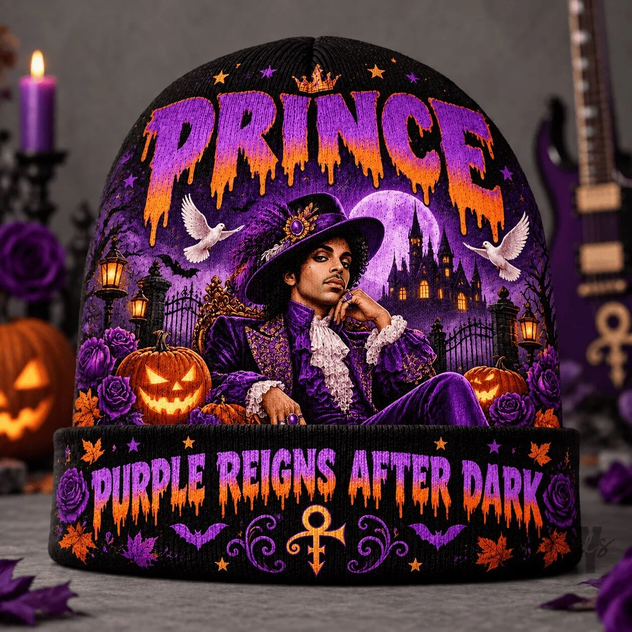 Prince Purple Reigns After Dark Halloween Knit Beanie Hat 1 Prince Purple Reigns After Dark Halloween Knit Beanie Hat