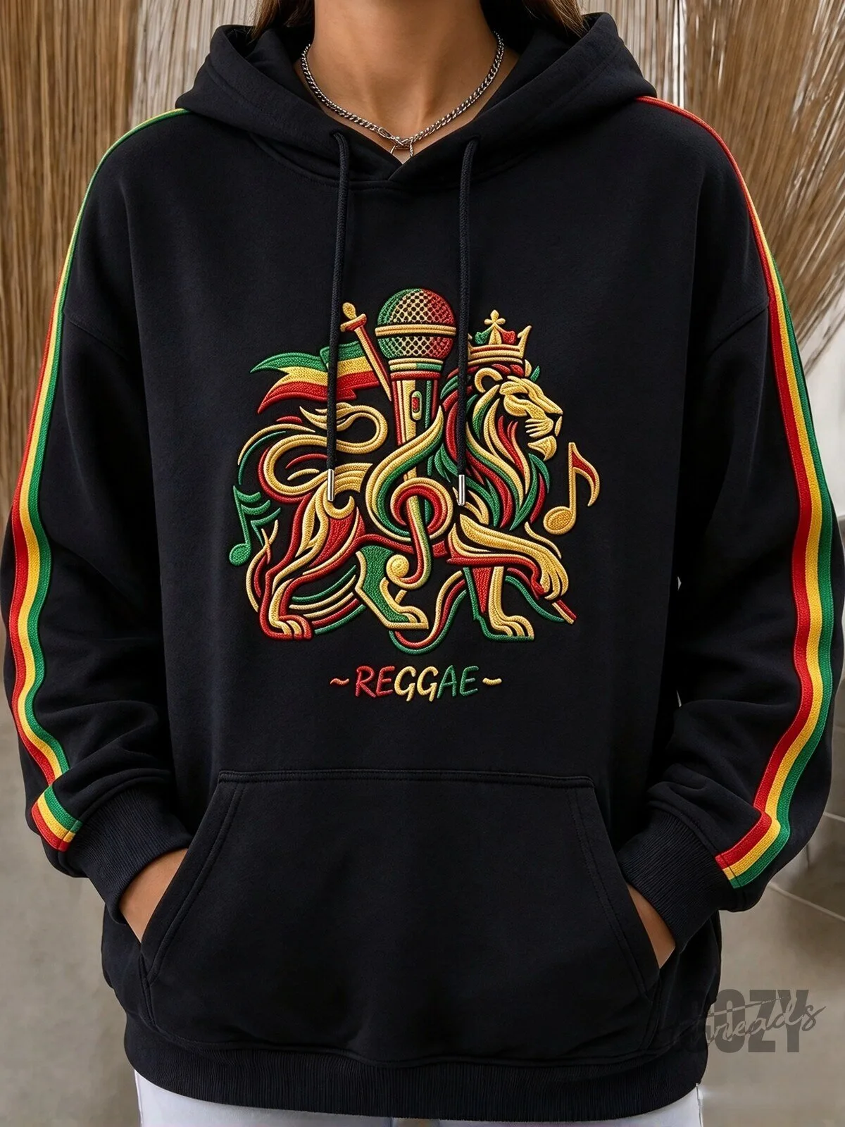 Reggae Music Lion of Judah Black Hoodie with Rasta Stripes