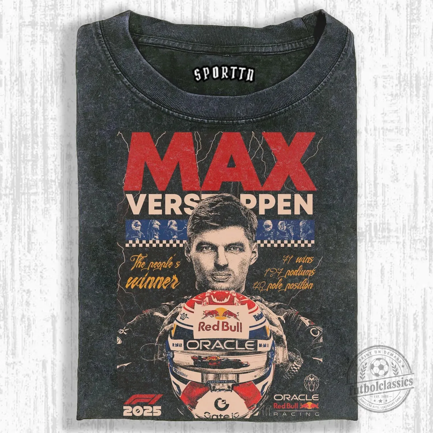 Graphic T-Shirt Featuring a Portrait of Max Verstappen, Formula 1 Racing Star