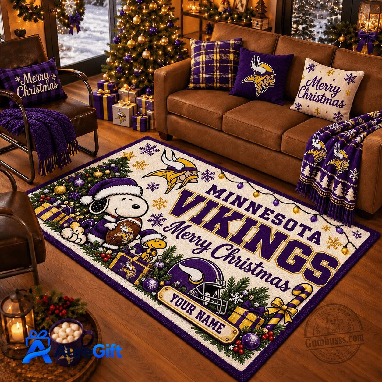 Minnesota Vikings Snoopy Merry Christmas Personalized Area Rug