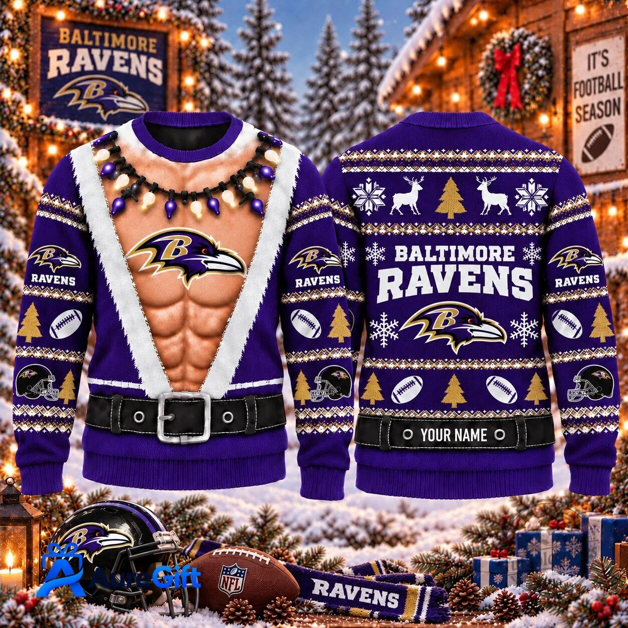 Baltimore Ravens NFL Christmas Kickoff Personalized Ugly Sweater