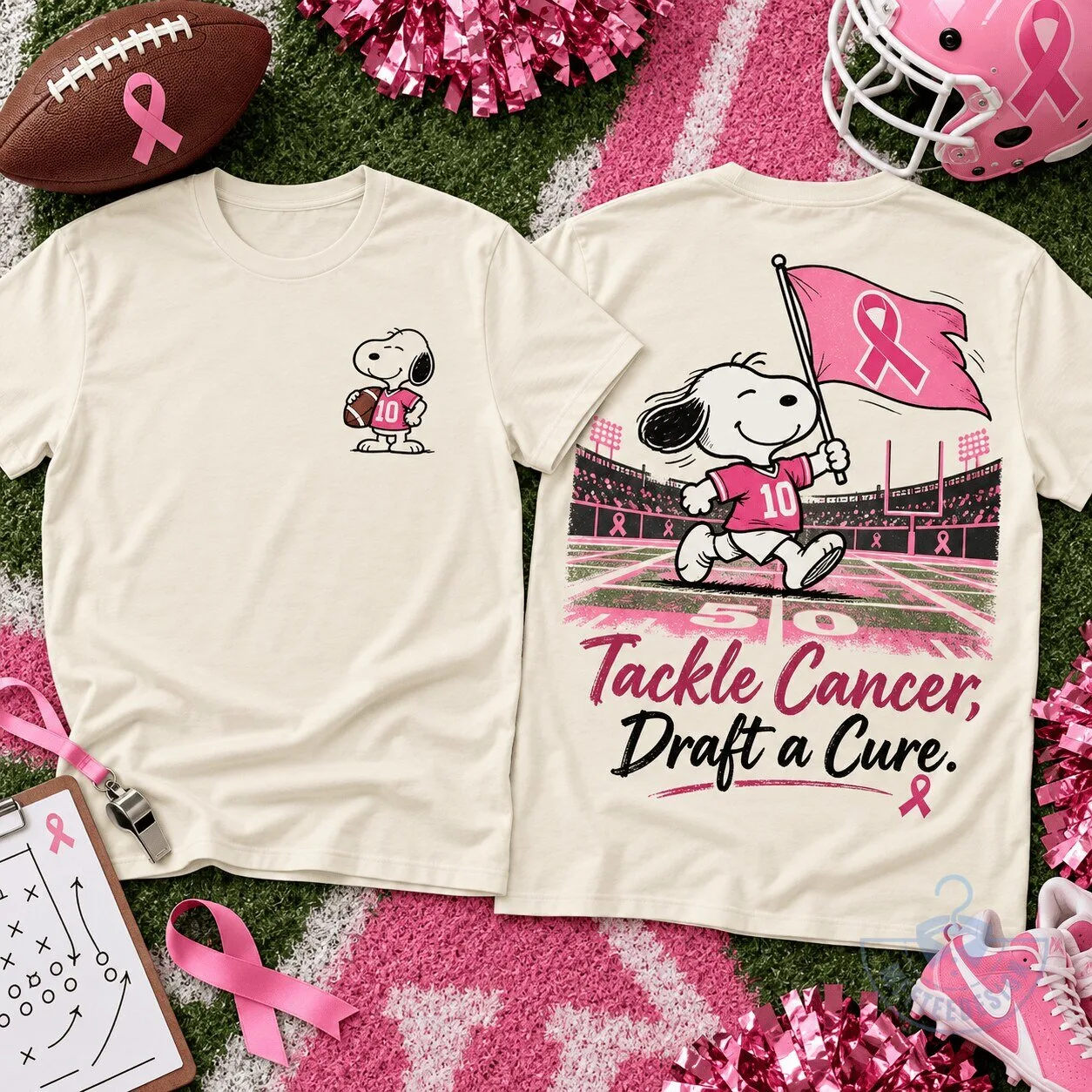 Snoopy Breast Cancer Awareness Tackle Cancer Draft a Cure Football Fan T-Shirt
