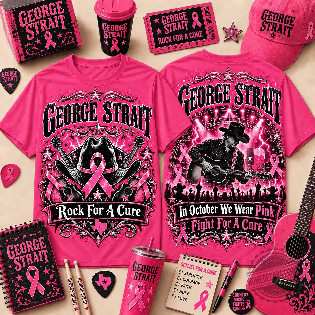 George Strait Pink Ribbon Breast Cancer Awareness Rock For A Cure T-Shirt
