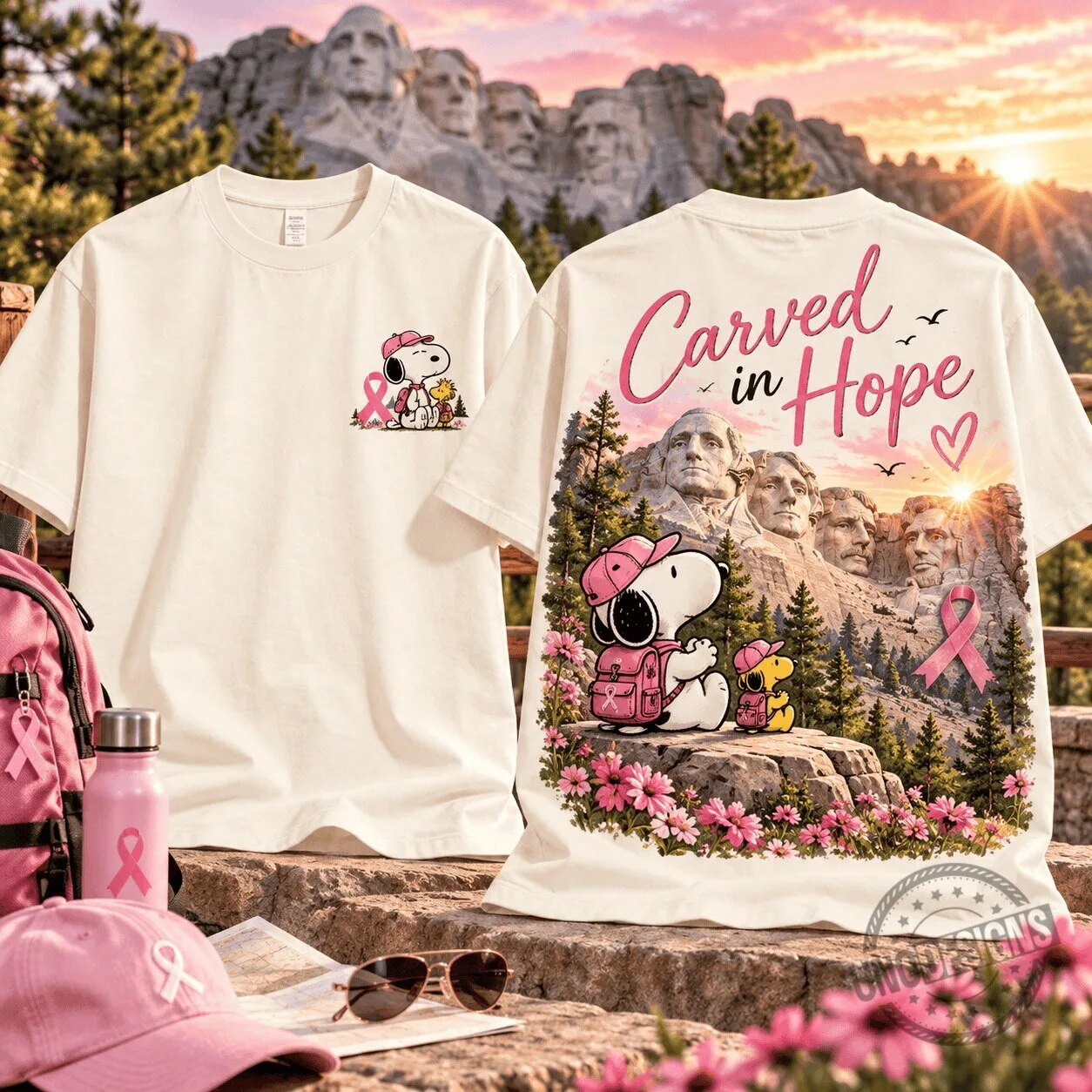 Snoopy Woodstock Mount Rushmore Breast Cancer Awareness Carved in Hope T-Shirt