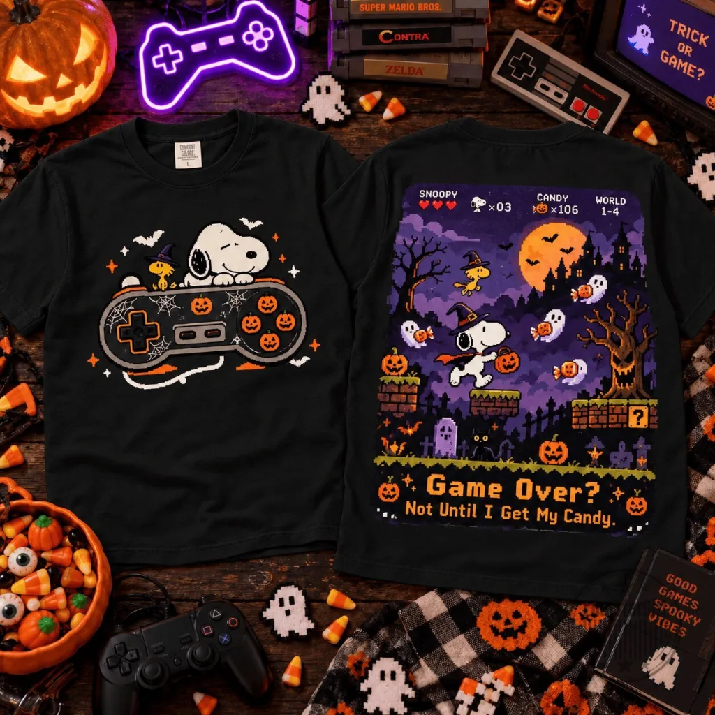 Snoopy Halloween Game Over Video Game Pixel Art Black T-Shirt Snoopy Halloween Game Over Video Game Pixel Art Black T-Shirt