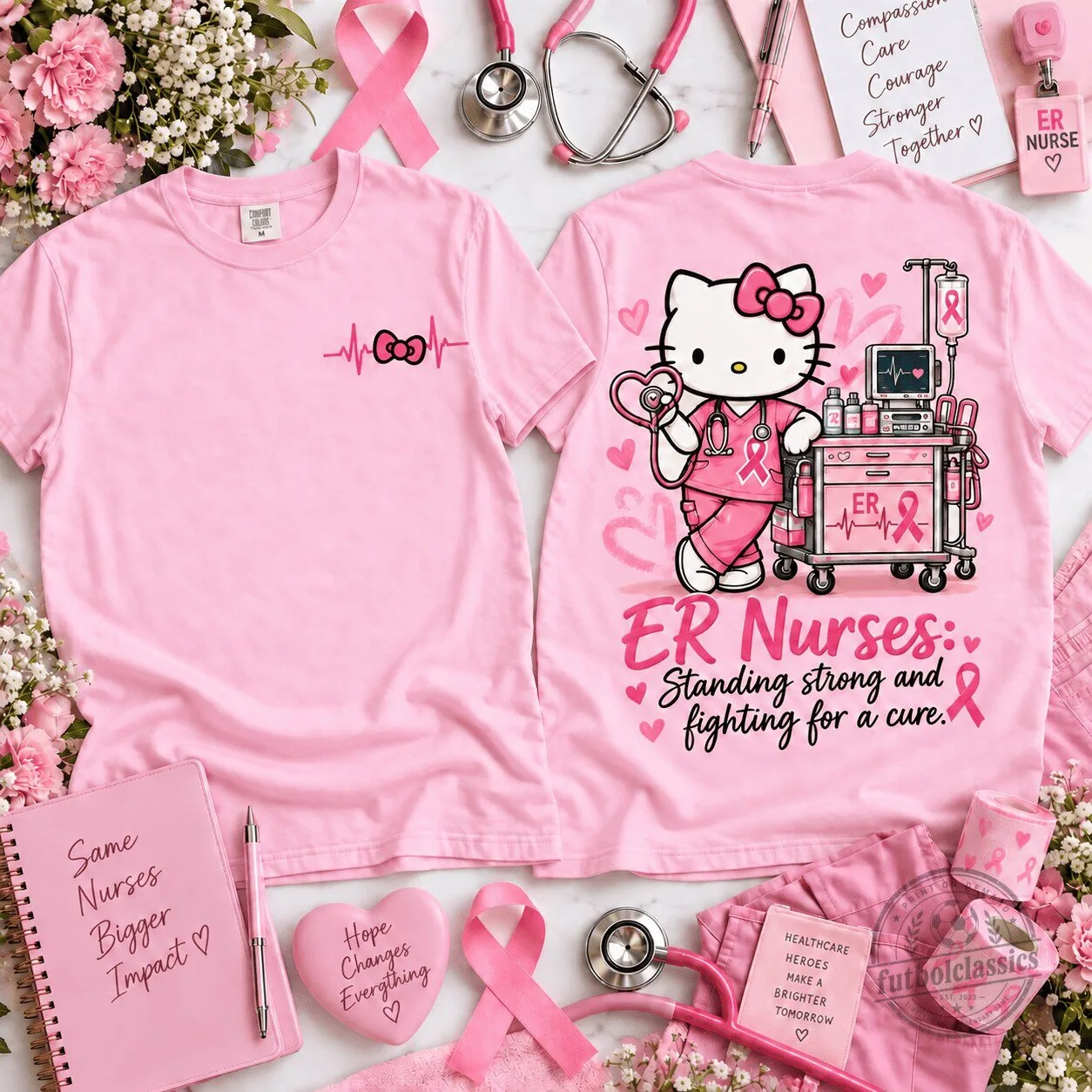 Hello Kitty ER Nurse Breast Cancer Awareness Pink Ribbon T-Shirt