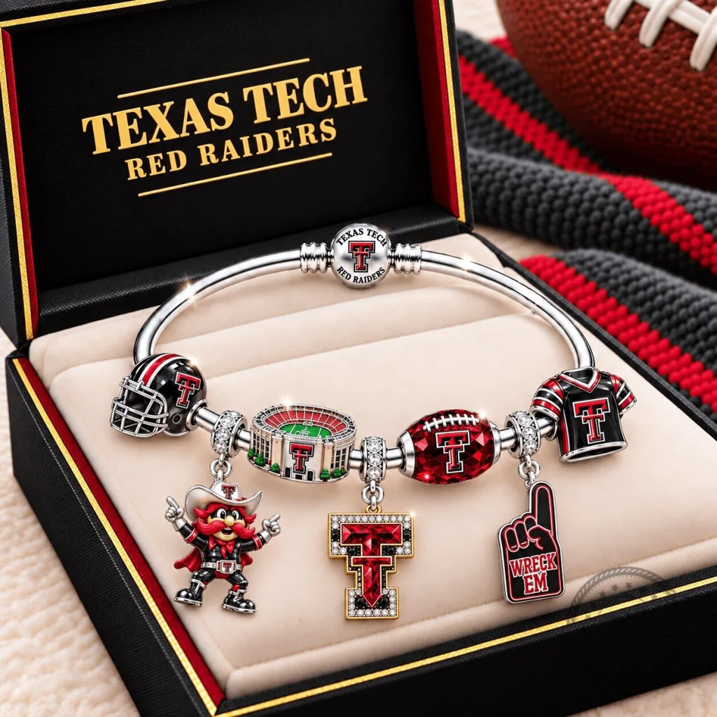 Texas Tech Red Raiders Football Team Charm Bracelet with Stadium and Mascot Charms 40 Texas Tech Red Raiders Football Team Charm Bracelet with Stadium and Mascot Charms
