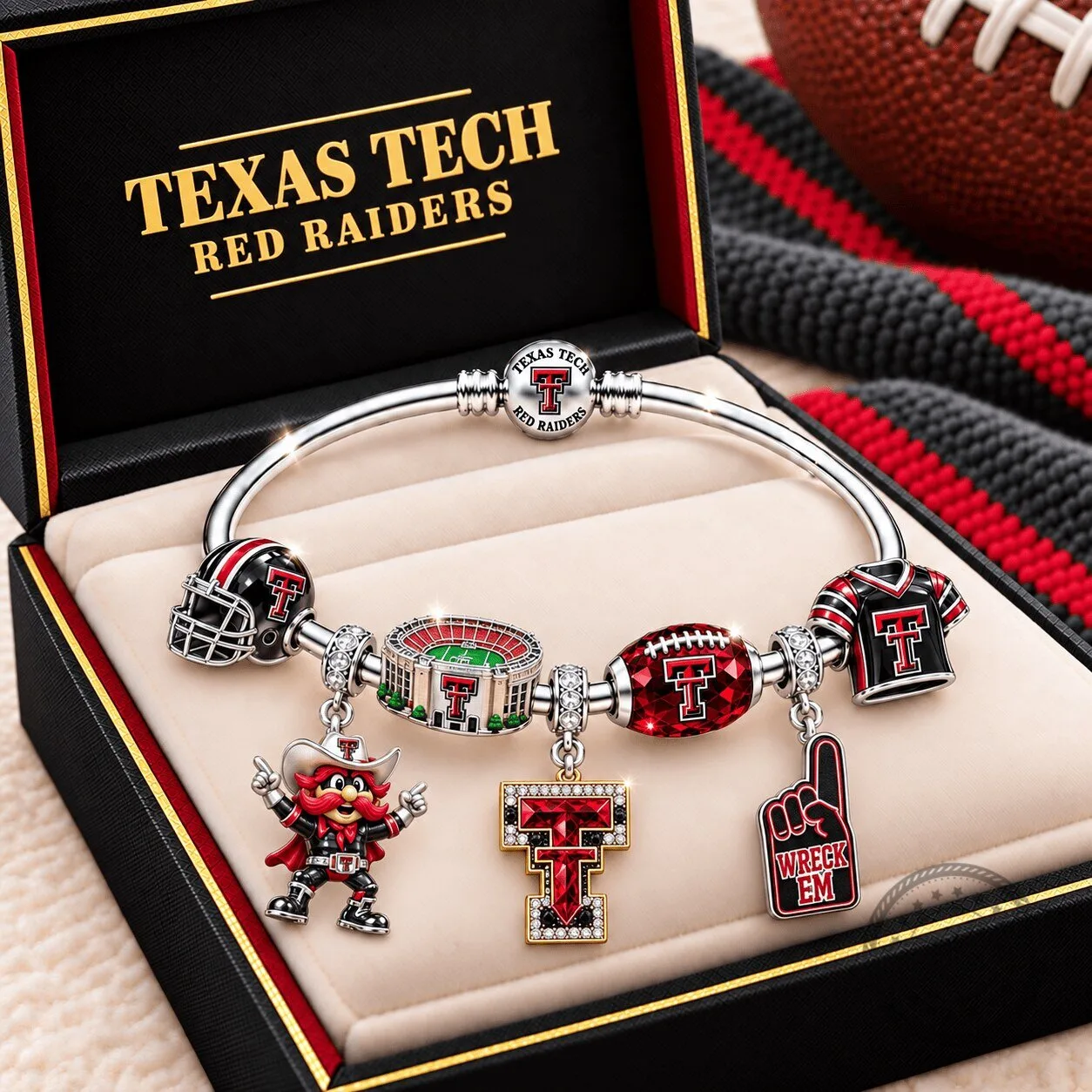 Texas Tech Red Raiders Football Team Charm Bracelet with Stadium and Mascot Charms